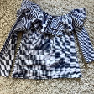 Excellent shirt. Blue and white stripe. Can be worn off the shoulder.